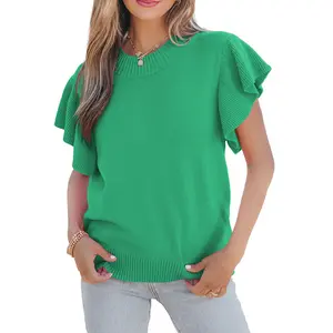 Asvivid Solid Color Ribbed Trim Round Neck Ruffle Short Sleeve Pullover Sweater Knitwear Tops Womenswear#DealsForYouDays