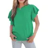 Asvivid Solid Color Ribbed Trim Round Neck Ruffle Short Sleeve Pullover Sweater Knitwear Womenswear Cute Tops