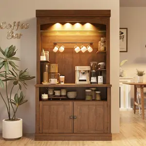 72" Farmhouse Coffee Hutch Cabinet, Large LED Buffet Sideboard with Wine Rack & Glass Shelf, Kitchen Buffet Cabine, Storage Cabinet for Dining Room Living Room Home Bar