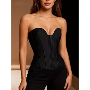 Latex Corset Waist Trainer with Steel Bones, Double-Layer Strapless Women's Bodysuit, Chest-Binding Corset Top with Inner Waist Cincher, 3-Row Hook-and-Eye Zipper, Outer Wear Bone Corset, and Tummy Control Shapewear Top for Halloween