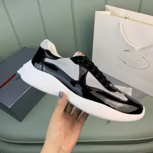 New High-End Men'S Sneakers Casual Trendy Sport Shoes Patent Leather Mesh Paneled Bright Face Rubber Sole Male Footwear