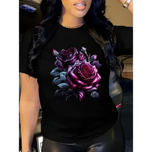 Beautiful Roses, Enchanting Blooms in The Night, Printed Round-Neck Short-Sleeve T-Shirt, Casual And Trendy Women'S Fashion.