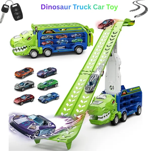Dinosaur Car Carrier Truck Toy Set - Foldable Race Track Playset, 6 Metal Cars, Transport Storage Truck, Educational Vehicle Gift for Kids Ages 3-8, Folding