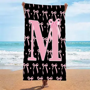Black And Pink Bow 26 English Letter Pattern Beach Towel, Soft, Absorbent And Sun-Proof, Suitable For Teenagers And Adults, Outdoor Adventure, Beach, Swimming Pool, Camping, Travel Scenes