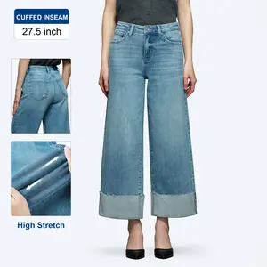 ONESO High Rise High Stretch Wide Leg Cuffed Hem Jeans for Women Distressed Denim with Whiskering Faded Wash Five Pocket Zip Fly