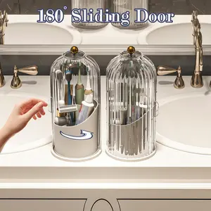 Holder Organizers with Transparent Door Lid, 360 Rotating Dustproof Makeup for Vanity, Bathroom, 3 Slots Transparent Spinning Make up Container Brush Holder(1 count), Valentines gift, unique gift for gf