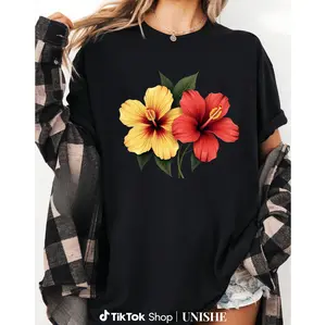 Women's Black Top with Colorful Yellow and Red Hibiscus Flower Print