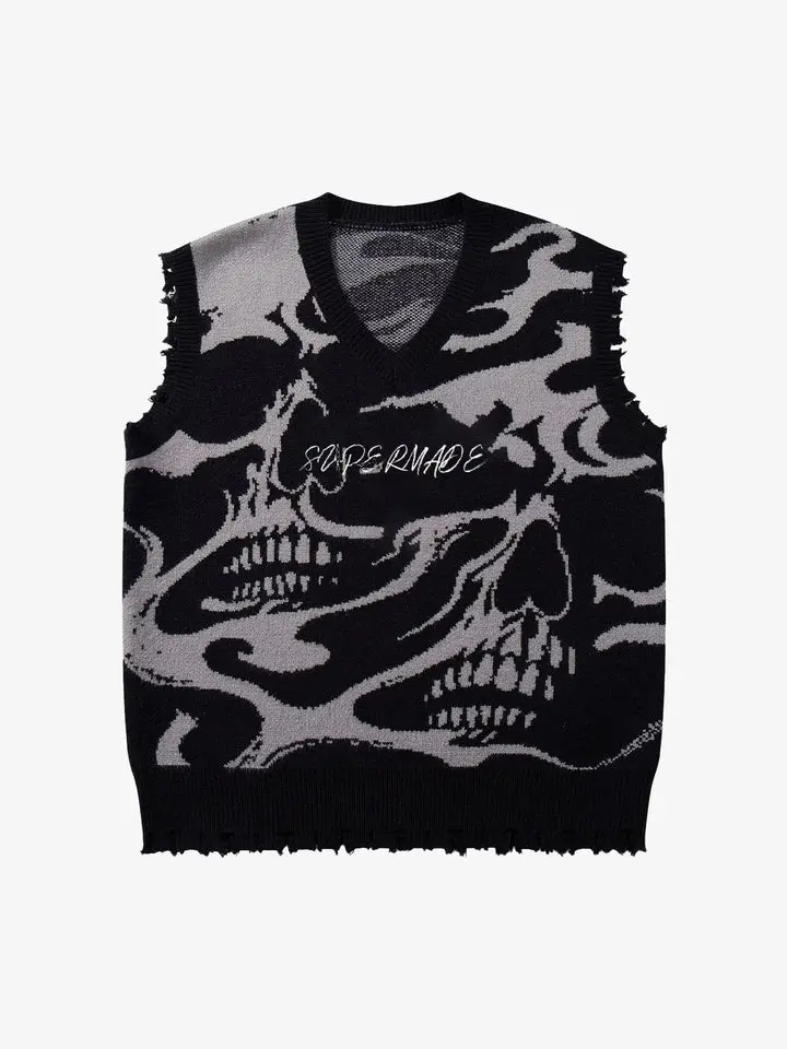 Thesupermade High Street Dark Skull Frayed-edge V-neck Sweater Vest