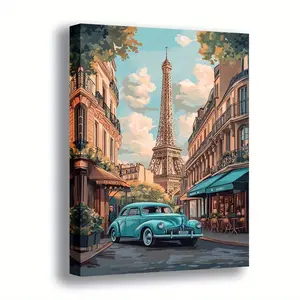 2D print, 1 piece, Paris-inspired Eiffel Tower view wooden framed canvas wall art, modern retro design, high-quality printed poster, elegant home and office decoration, 2D print