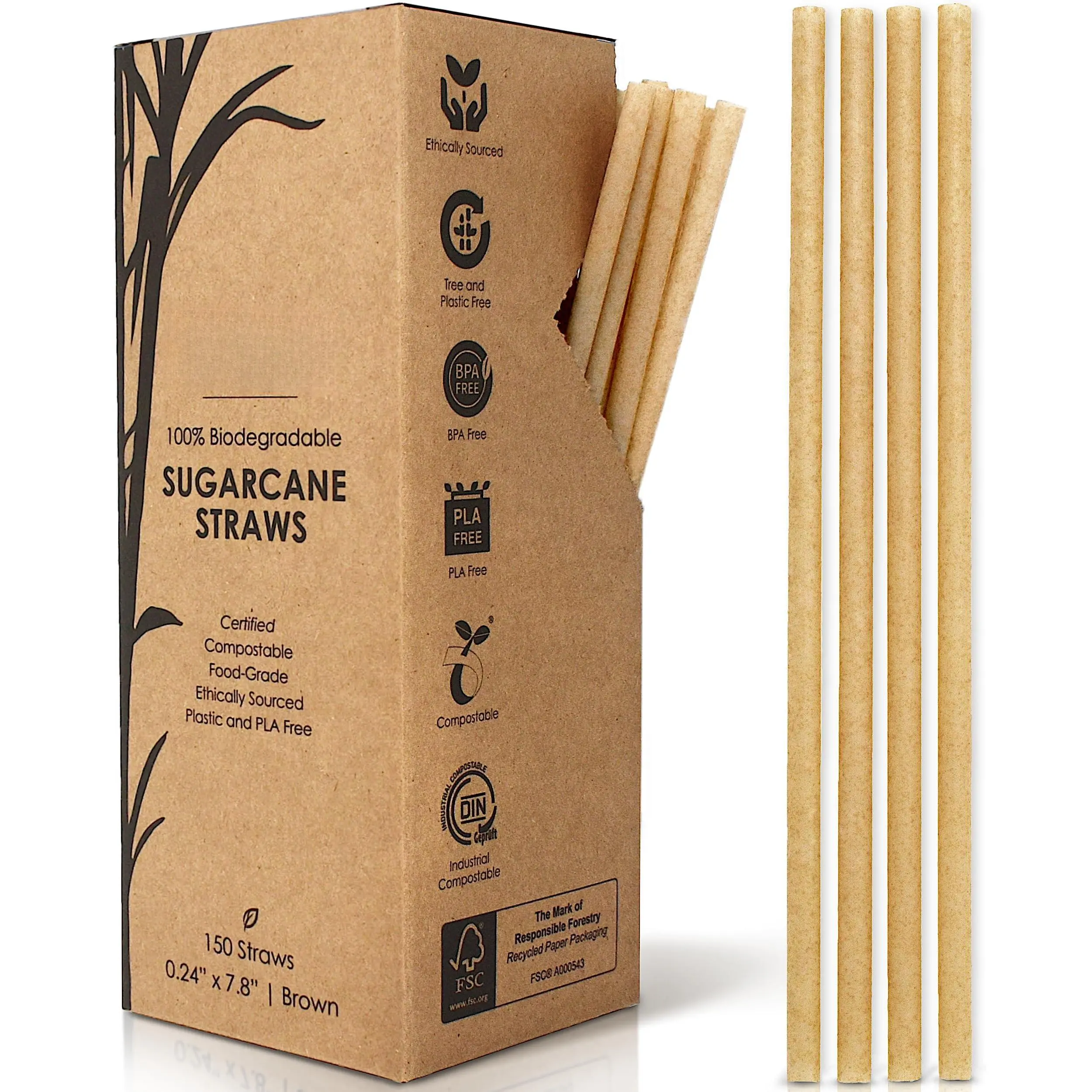 Biodegradable Sugarcane Straws | 150 Count  Compostable Plastic-free & Drinking Straw 7.8'' Sugar Fiber Disposable Smoothie For Home Restaurant Parties