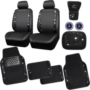 Shiny Diamond Car Seat Cover Front Seat Black Leather Shiny Rhinestone Car Foot Mat Carpet with Spike Shiny Glitter Crystal Car Accessories Set Universal for Girl Lady