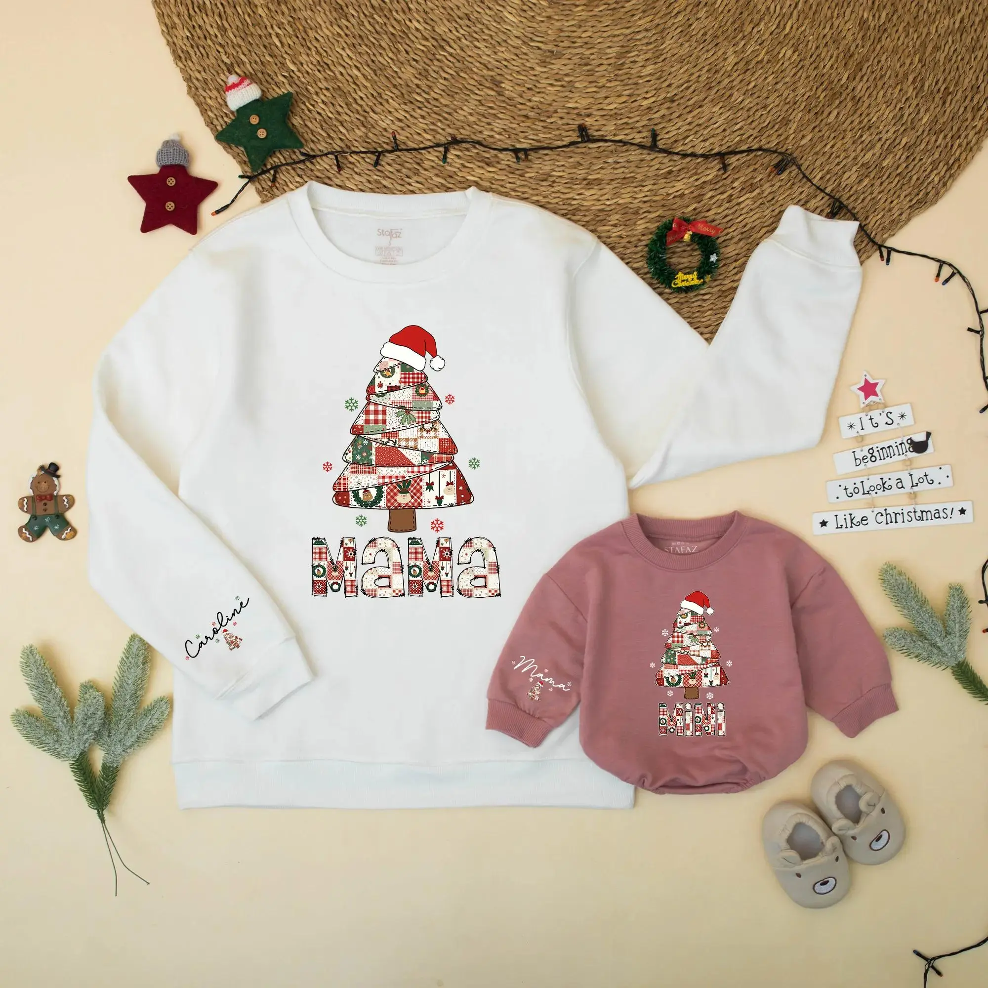 Patchwork Christmas Tree Mama and Mini Matching Sweatshirt Holiday Family Outfit Mommy And Me Christmas Sweatshirt Gift for New Mom Casual Baby Girl Romper Suits