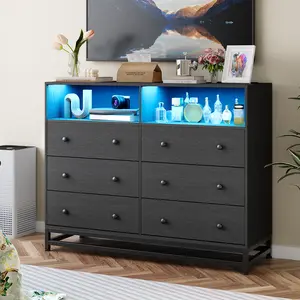6 Drawers Wood Dresser with RGB LED Light & Charging Station, 47 Inch Wide Modern Chest of Drawers, Deep Wooden Dresser TV Stand for 47" TV, Storage Dresser Cabinet for Bedroom Living Room Entryway Hallway