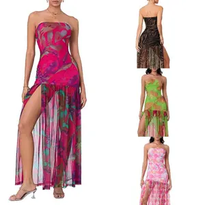 Women's Tube Top DressStrapless Backless Mesh Patchwork Tropical Leopard Print High Slit Long Dress for Party Club NightGift