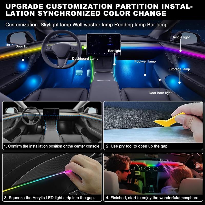 Acrylic Car LED Light, 43.3 in. Universal Car Light with LED Interior Lights, with USB Port, App Control, Music Sync, 146 LEDs Interior Lights, Perfect Gift for Women and Men
