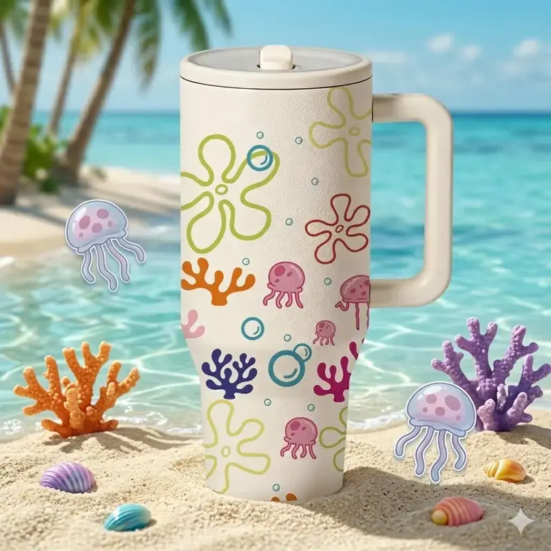 [SALE 50%] 1PC 40oz Insulated Mug, Bikini Bottom Inspired Thermal Cup, Ocean Jellyfish Coral Print, Double Wall, Leak-Proof, Handle & Straw Lid, 12H Hot24H Cold Retention, Large Capacity Travel Tumbler, Gift fo