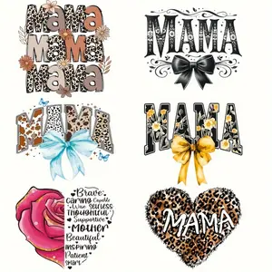 6 Pack Mom DIY Heat Transfer Vinyl Stickers Floral Heart Patterns Leopard Glitter Bowknot Mixed Colors for T Shirts Pillows Mother's Day Handmade Gifts Cute Stickers Multi Purpose Fabric Decals Handcraft