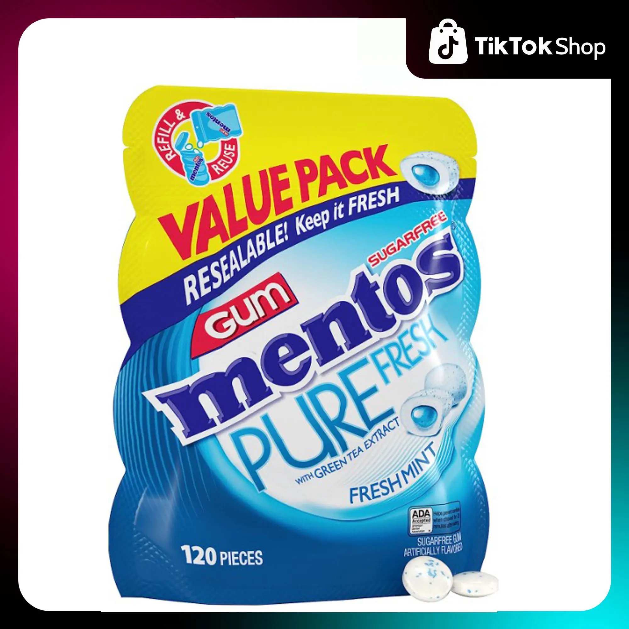 Mentos Pure Fresh Sugar-Free Chewing Gum with Xylitol, Fresh Mint, 120 Piece Bulk Resealable Bag (Pack of 1)
