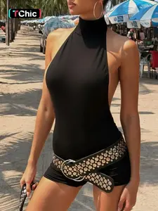 Women's Fashion Versatile Halter Backless Solid Color Sexy Jumpsuit, Trendy Sleeveless Slim Romper, Street Casual Ladies Clothing for New Spring Summer