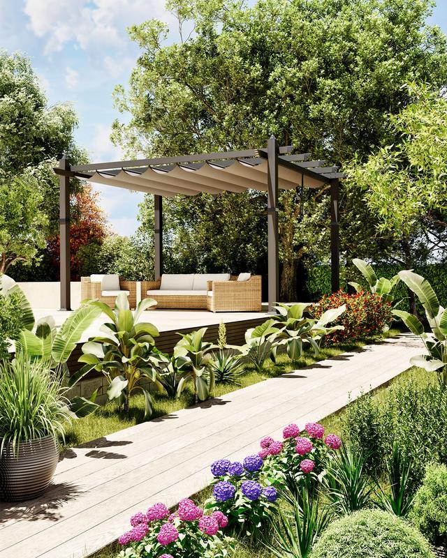 GARVEE 10x13 Ft Aluminum Pergola with Retractable Canopy Metal Gazebo for Modern Backyard Deck Porch Grape Trellis(Khaki)