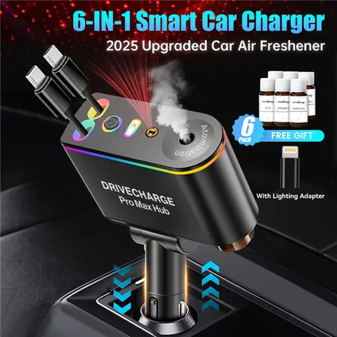 Upgraded 6-in-1 Retractable Smart Super Fast Car Charger - Auto Accessories Interior with Aromatherapy Diffuser, 66W Dual Type-C Cables, Lightning Adapter, Dual Ports, Starlight Mood Light, 6x10ML Perfumes, Air Freshener for iPhone/Samsung