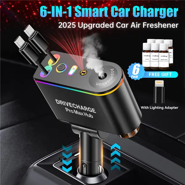 Upgraded 6-in-1 Retractable Smart Super Fast Charging Car Charger, Car Accessories with Aromatherapy Diffuser, 66W Dual Type-C Cables, Lightning Adapter, USB-C Ports, Starlight Mood Light, 6x10ML Perfumes, Air Freshener for iPhone/Samsung, Smart Charger