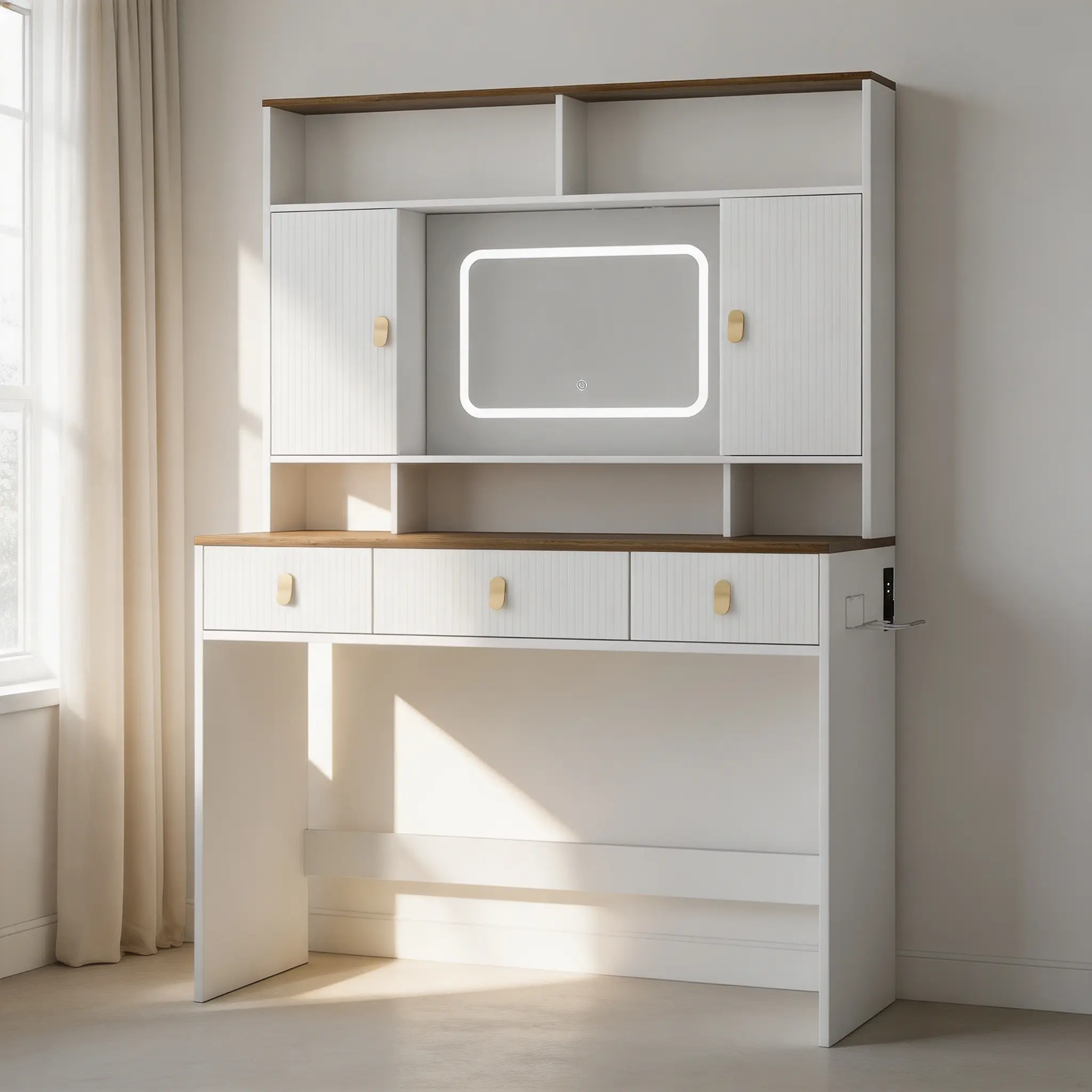 White 43" Farmhouse Vanity Desk - Makeup Vanity Desk with Lighted Mirror, Hair Dryer Holder, 3 Drawers, Sliding Door Storage, Touch-Control 3-Color Lighting for Bedroom