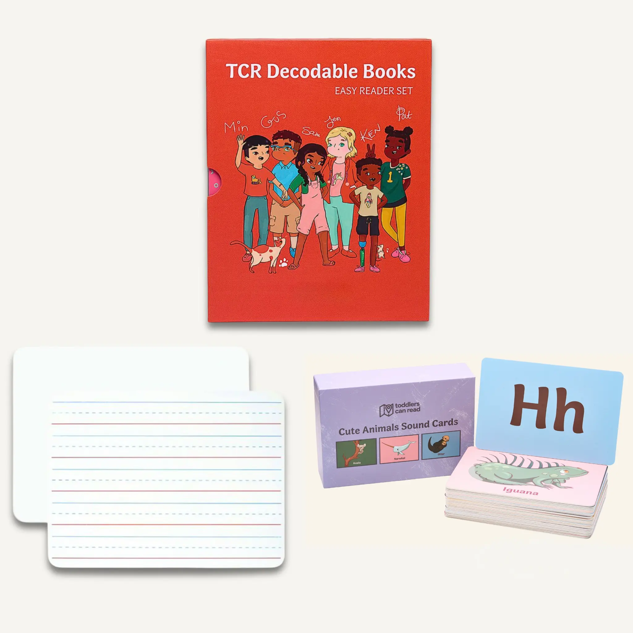 Early Reader Bundle | ABC Sound Flashcards, TCR Decodable Books Set 1 and Double-Sided Whiteboard