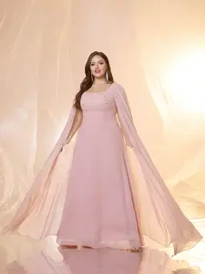 Elegant Square Neck Rhinestone Embellished Chiffon Maxi Dress, Flared Sleeve Waist Cinching Gown for Evening Events, Pure Color Formal Party Dress Womenswear