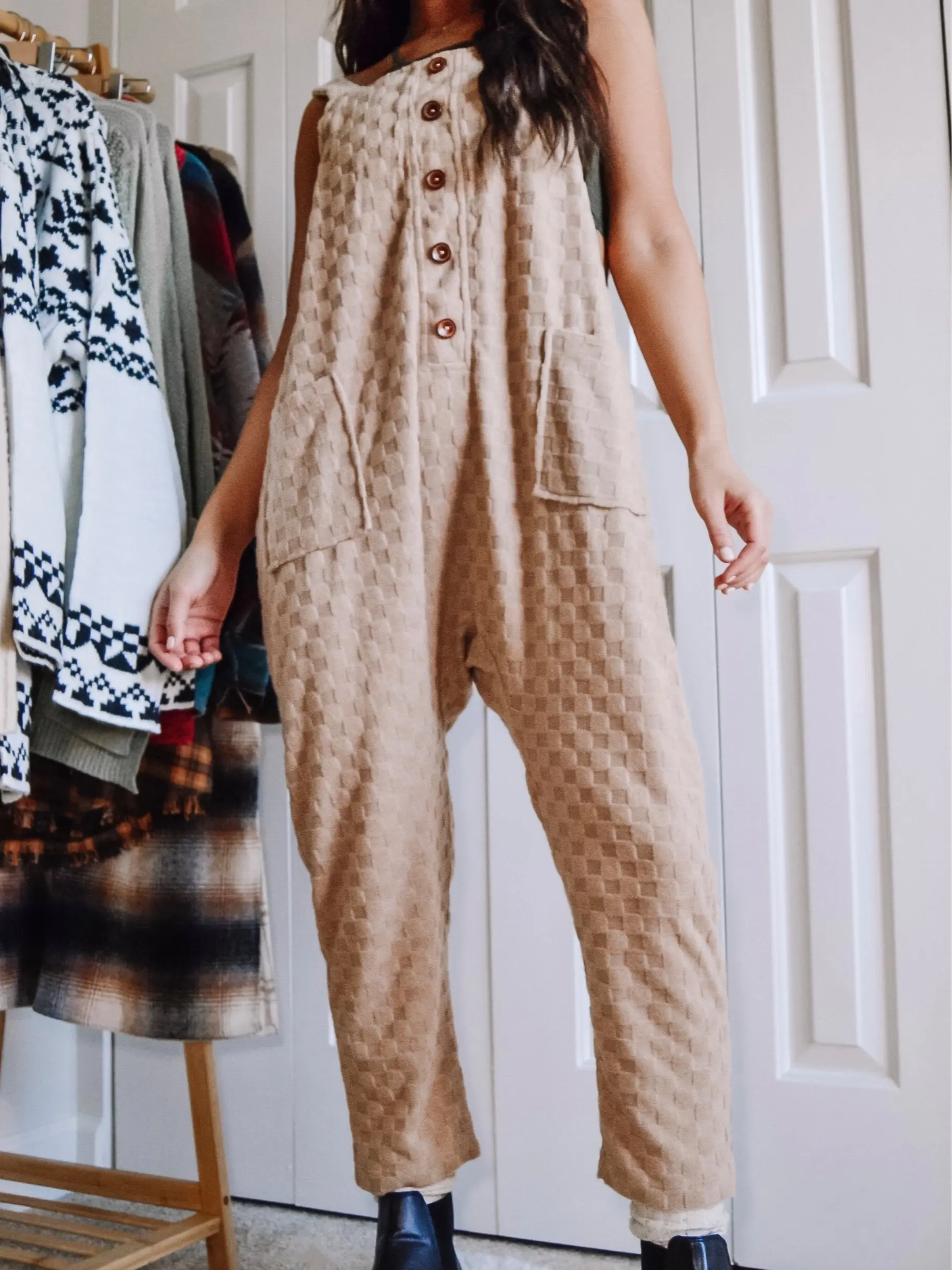 CHECKERED KNIT OVERALL JUMPSUIT - TAUPE