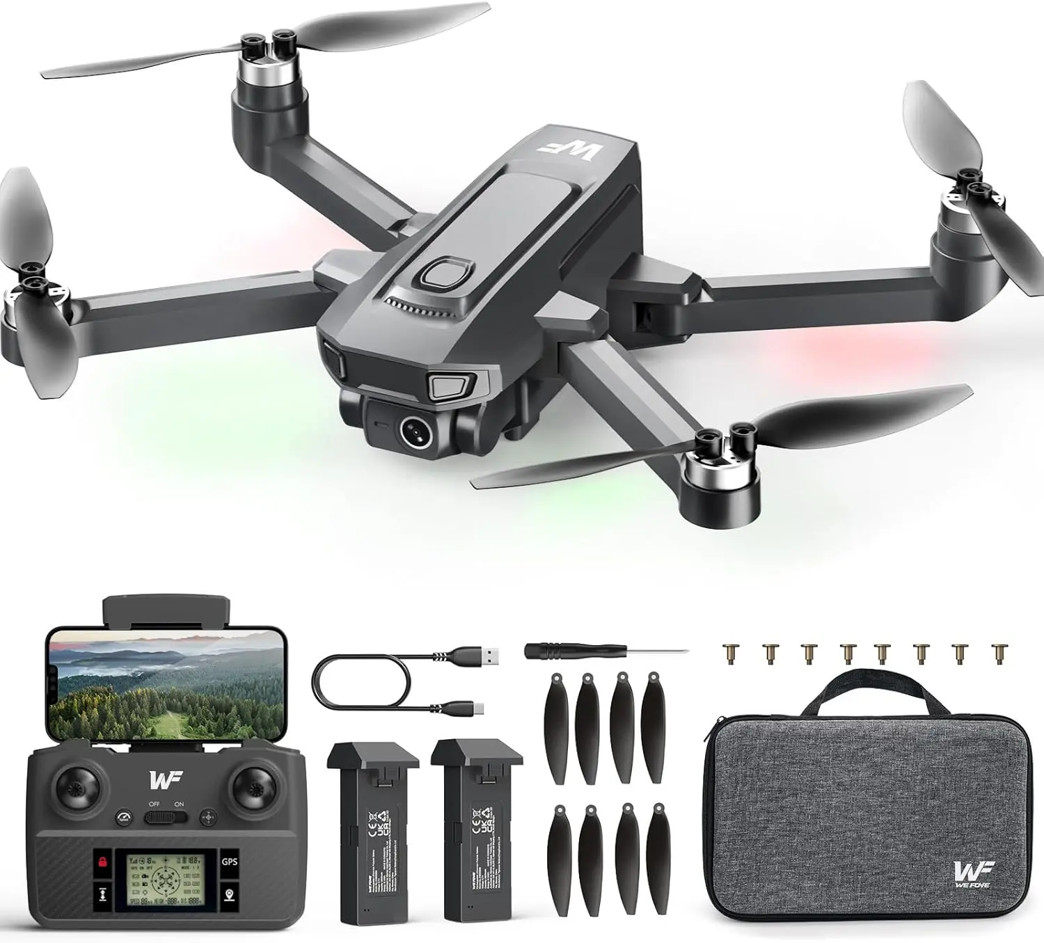 Drones with Camera 4K, WeFone WF30 GPS Follow Me Drone, Foldable FPV RC Quadcopter, Brushless Motor, 5G Transmission, 40 Mins Flight Time, 2 Batteries