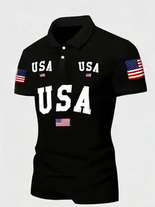 Men's Usa Printed Polo Shirt, Standard Short Sleeve, Classic Contrast Collar, Casual Summer Ideal Choice, Perfect Gift for Men