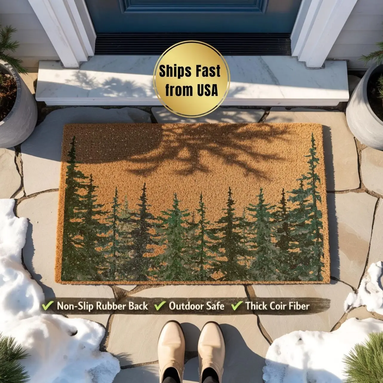 Pine Tree Forest Doormat, Christmas Tree Welcome Mat, Evergreen Woodland Xmas Decor, Nature Inspired Holiday Gift, Winter Front Porch Rug