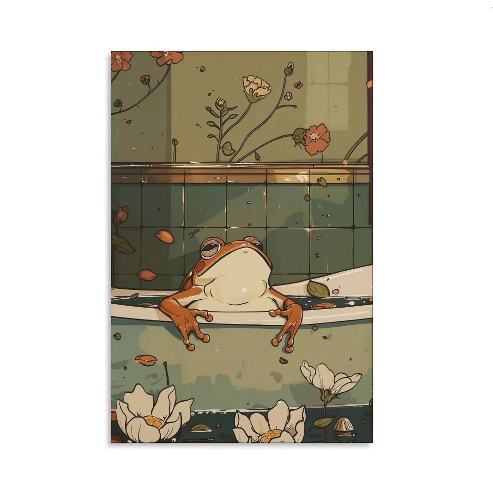 Retro Frog in Bathtub Canvas Poster, Vintage Bathroom Wall Decor, Colorful Frog Room Decor, Unique Kids Room Gift, Playful Bathroom Decor Art