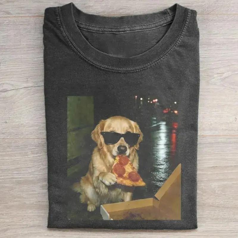 Women’s Comfort Colors Printed Shortleeve Round Neck T-Shirt – Funny Golden Retriever Eating Pizza, 90s Vintage Sunglasses Dog, Unisex Fit, Breathable Cotton, Casual Streetwear, Affordable Gift for Dog Lovers (Valentines Day, Chinese New Year)