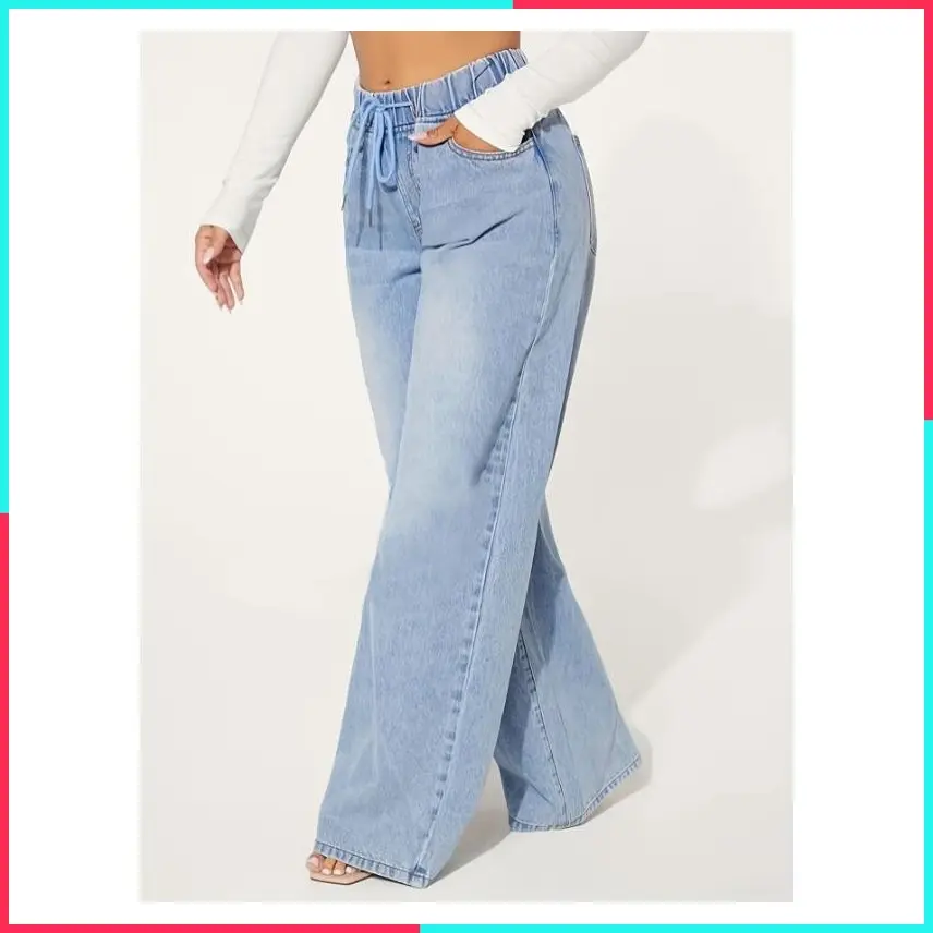 Women's Blue Drawstring Jeans - Comfort Elastic Waist, Relaxed Baggy Style, Distressed Washed Wide Legs - Premium Denim Clothing Gift