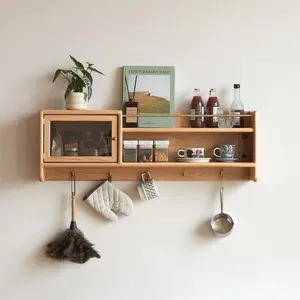 Wayshome 100% Solid Wood Wall Cabinet, 39.4inch Wall Mounted Cabinet with Tempered Glass Doors & Adjustable Shelves & 5 Hooks, Hanging Storage Cabinet for Kitchen, Entryway, Laundry Room