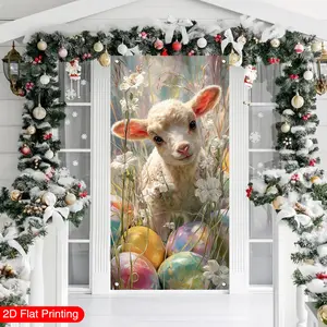 2D flat, 1 Easter door curtain, door curtain with lamb and Easter egg background theme, door curtain decorative banner, door hanging backdrop, indoor and outdoor party supplies, spring decoration, outdoor flag, size 35.4x70.8 inches