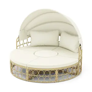 COSTWAY - Outdoor Patio Round Daybed with Retractable Canopy and Soft Cushions-White