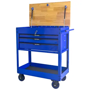 3-Drawer Metal Steel Multifunctional Tool Cart - Wheeled Mobile Storage Cabinet with Adjustable Racks, Wooden Top Surface, Blue Hand Tool Organiser