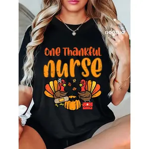 100% Cotton One Thankful Nurse Turkey Thanksgiving Fall Scrub Top Women T-Shirt