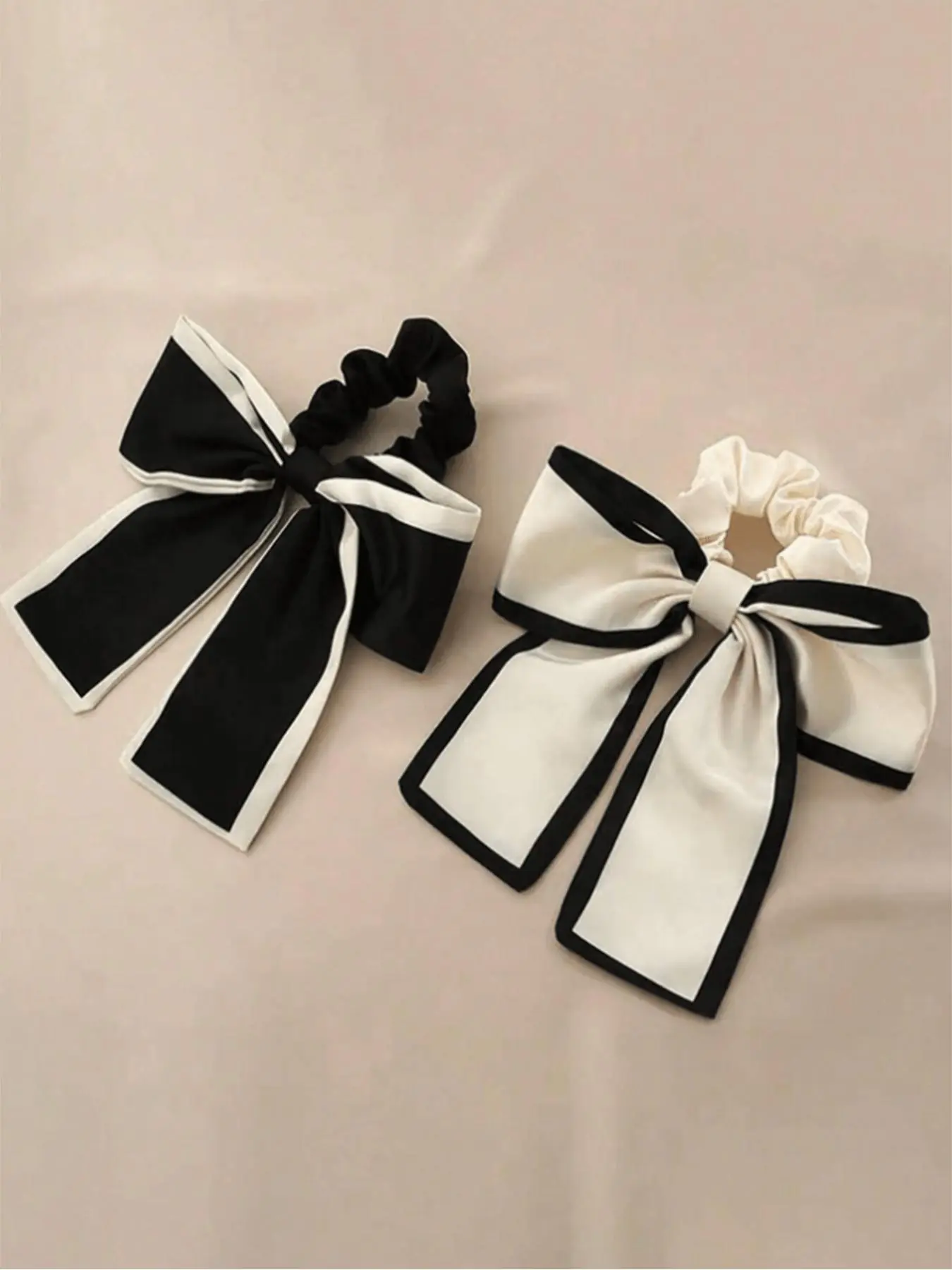 2pcs Women's Black & Beige Korean Style Satin Bow Hair Scrunchies Bun, Ponytail Holder, Pretty Bow, Elegant Retro Hair Accessory For Daily Use Hair Ties, Casual Makeup Home Gym Head Accessories Elastic Band Beauty Home Cute Hair Accessories