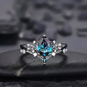 Gothic 2pcs Black Gold Pear Shaped Alexander Engagement Ring, Black Flower Promise Ring Set With Unique Platinum Black Magic Ring Bride Set Gift