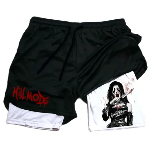 Men's Ghost Face "Halloween" Fitted Style Double-Layer Polyester Sports Shorts - Lightweight, Flattering Fit, Easy to Care for Athletic Compression Gym Wear for Workout (Multi-Size)