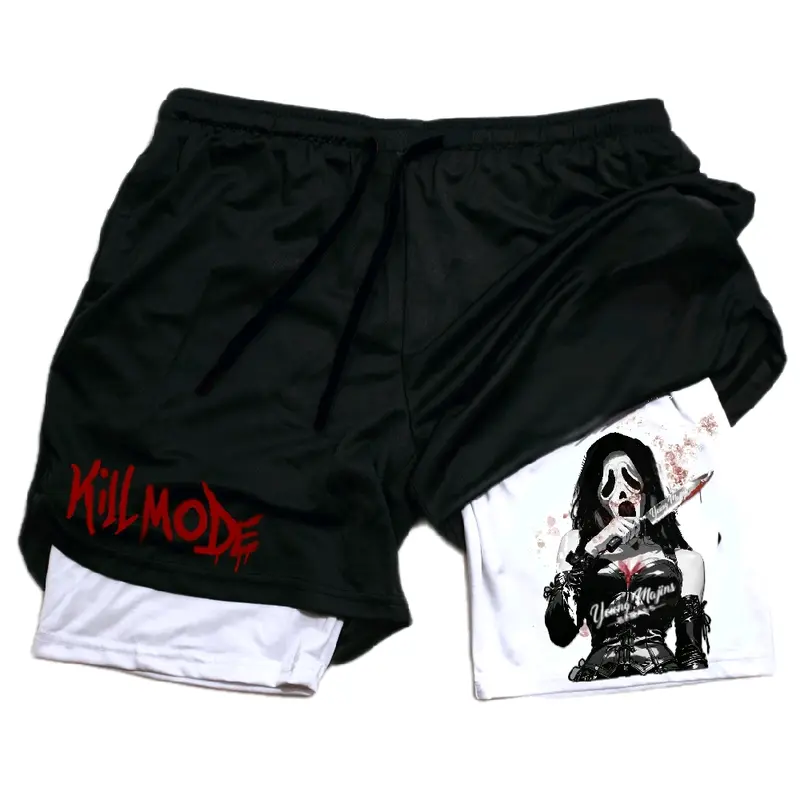 Men's Ghost Face "Halloween" Fitted Style Double-Layer Polyester Sports Shorts - Lightweight, Flattering Fit, Easy to Care for Athletic Compression Gym Wear for Workout (Multi-Size)