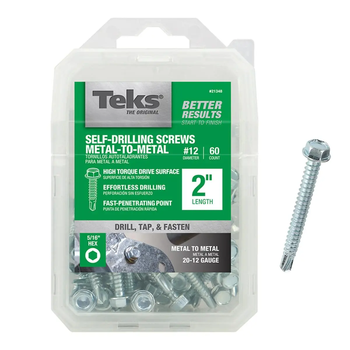 TEKS Self-Tapping Metal Screws #12 x 2 in., Zinc-Plated Hex Head for HVAC and Metal Framing, High Torque Drive & Fast-Penetrating Point, 60 Count, #12 Size, Durable Construction, High Quality Material, High Torque Drive Surface