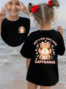 Girls "Just A Girl Who Loves Capybaras" Cute Animal T-Shirt, Kids Front & Back Graphic Tee