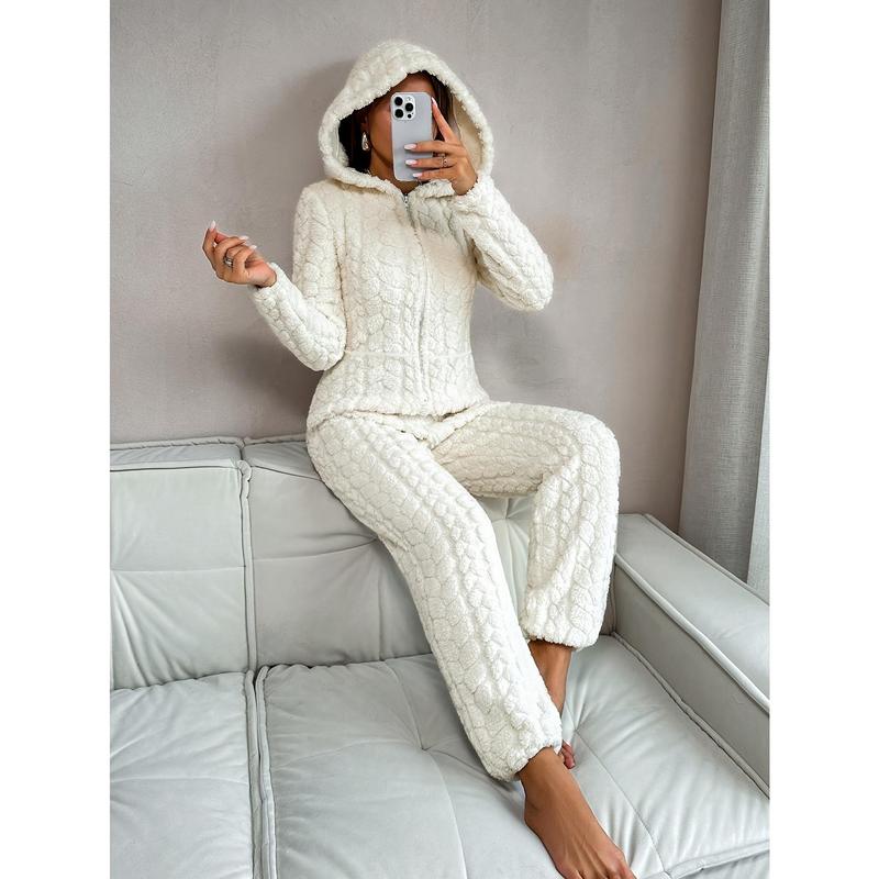 Women's SolidZipper Hooded Plush Pajama Jumpsuit, Casual Long Sleeve  Design Jumpsuit for Fall & Winter, Women's Sleepwear for Indoor Wear, Fluffy Lady Pajamas