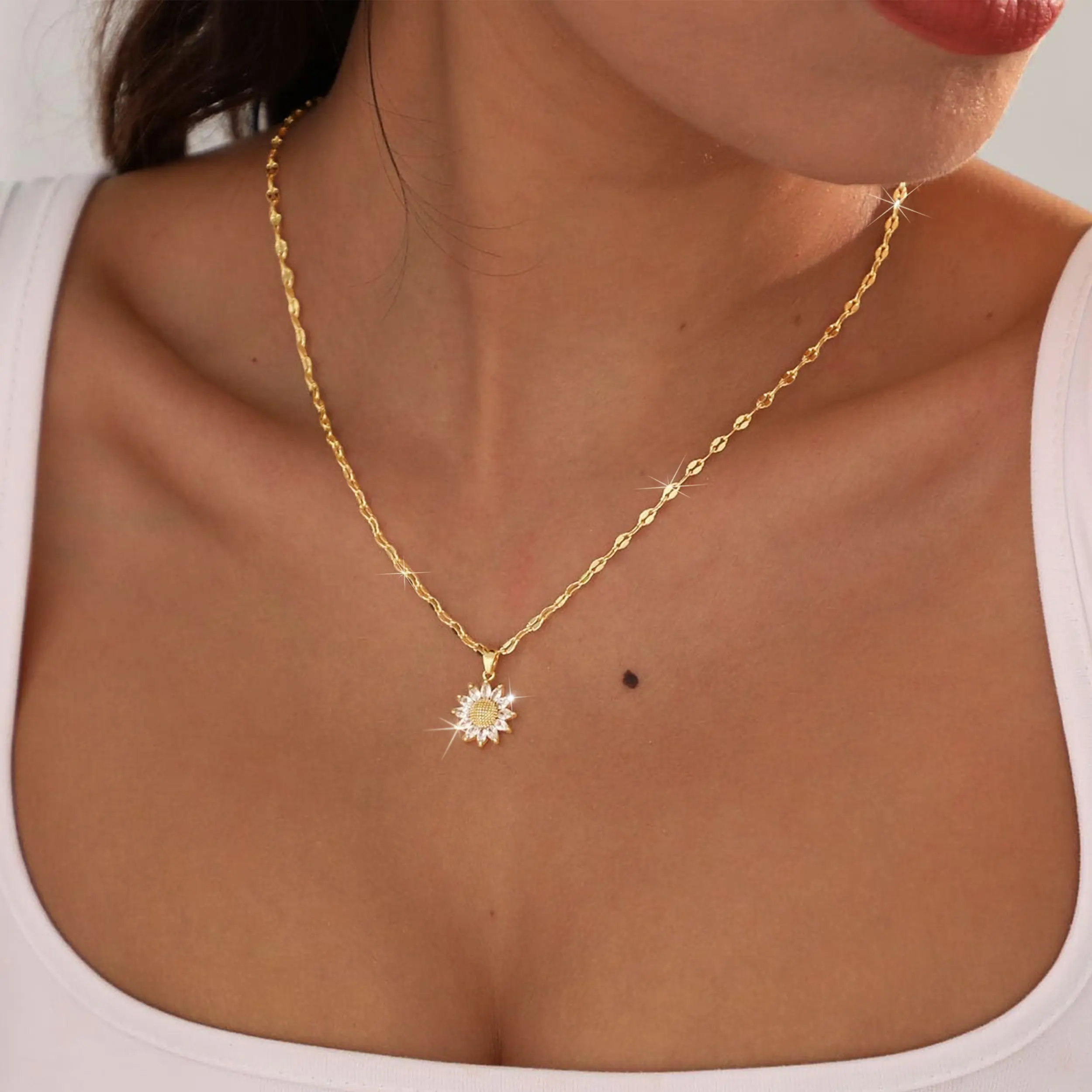 MIDEEO Dainty Sunflower Necklace for Women 14K Gold Plated CZ Sun Flower Pendant Necklace Adjustable 16.5 inches + 2 inches extender Link Chain Minimalist Gold Jewelry for Daily Wear and Gift for Her