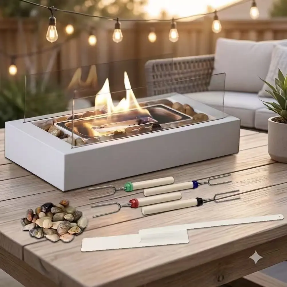 Tabletop Fire Pit Bowl - Rectangular White Bio Ethanol Fireplace with Glass Shield & River Rocks, Indoor Outdoor Portable Fireplace with 2 S'mores Roasting Forks for Patio Table Decor